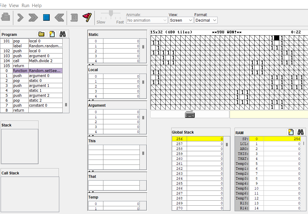 minesweeper running in the Nand2Tetris emulator